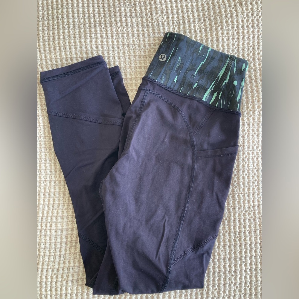 Lululemon Navy Leggings with Patterned Waistband